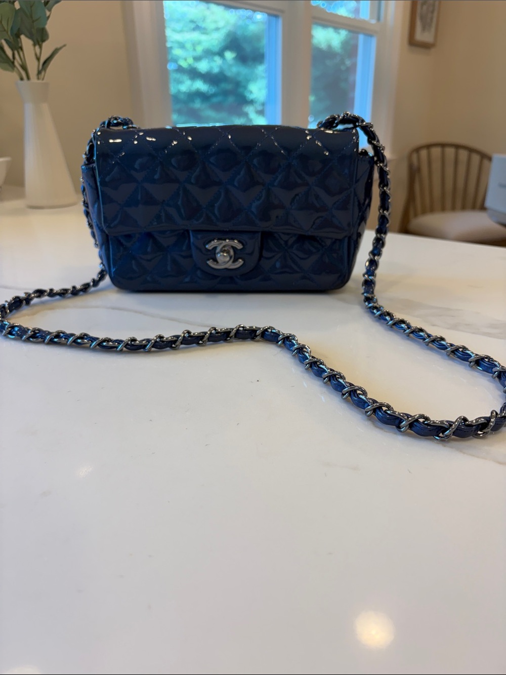 Pre-loved CHANEL Navy Patent Quilted Mini Crossbody Bag with Chain